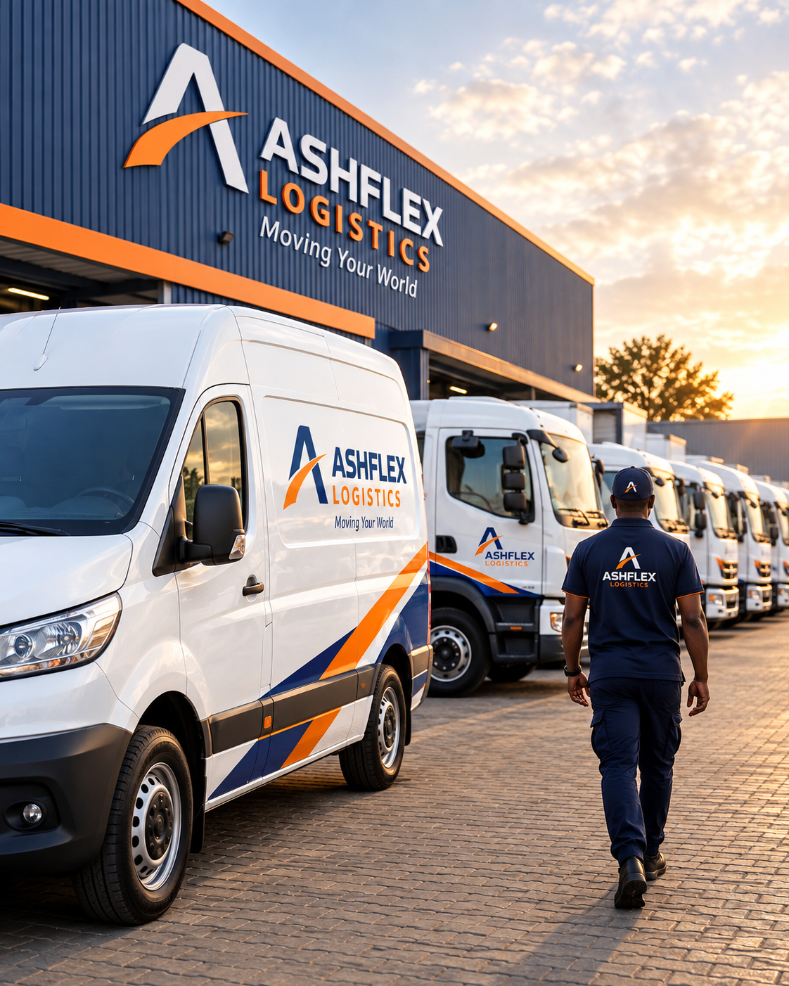 Ashflex Logistics delivery fleet parked outside the depot at sunrise, a uniformed team member walking across the yard