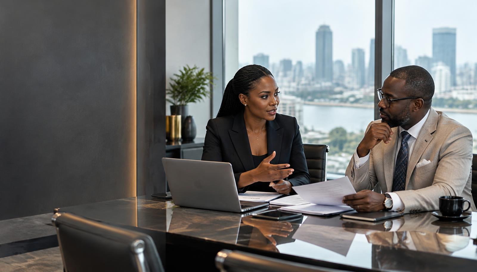 Business advisor and entrepreneur discussing a strategy in a modern office