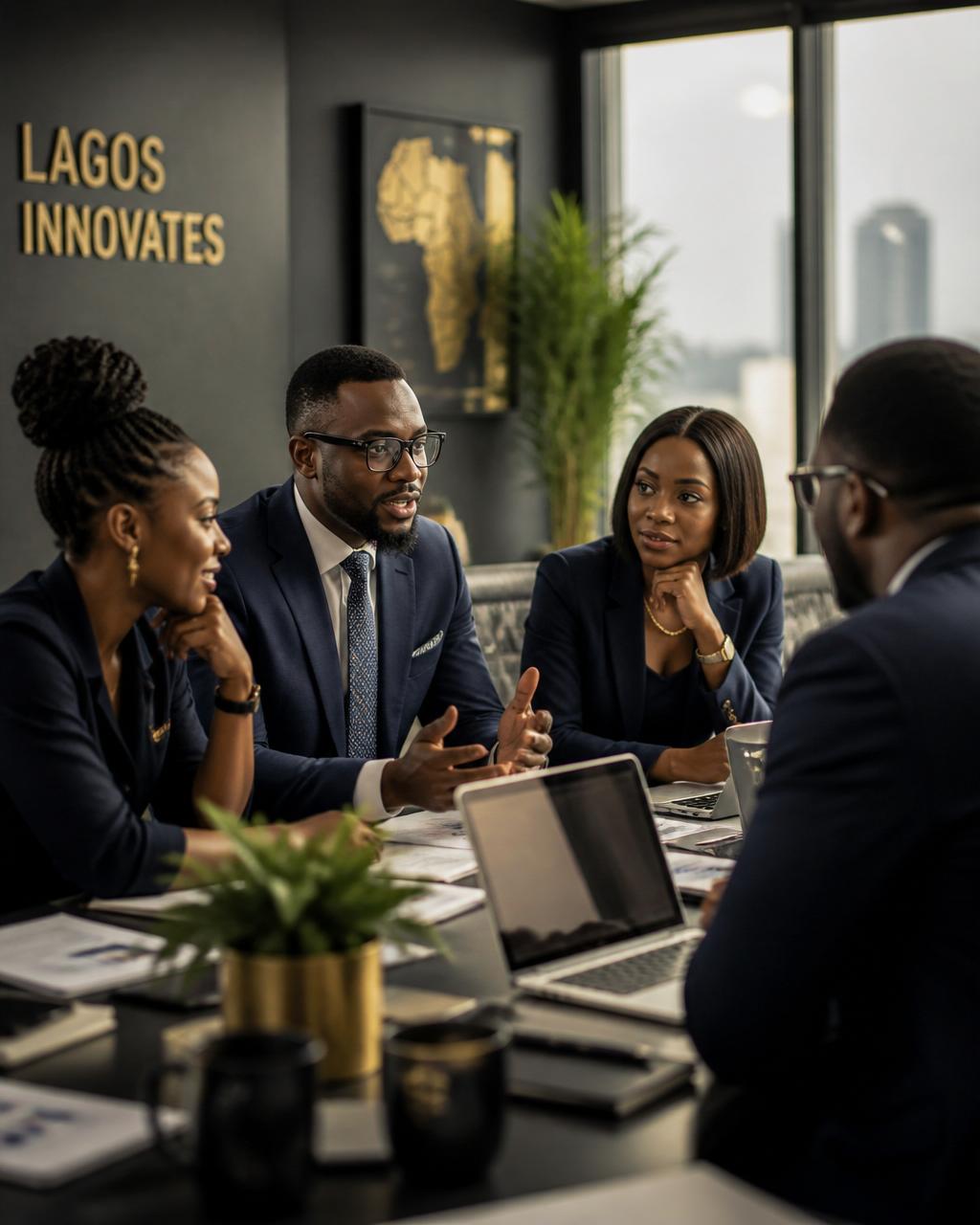 Ashflex consultants — four professionals in navy suits collaborating around a boardroom table in the firm's Lagos office, discussing strategy over laptops and documents