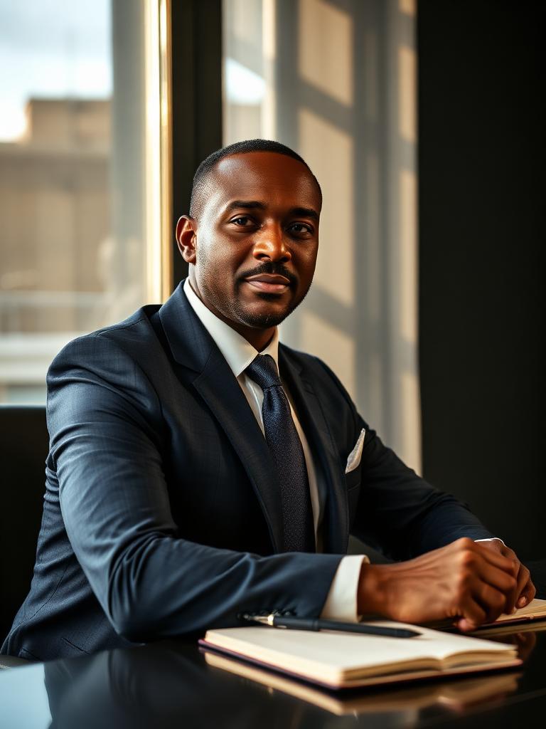 Professional executive considering business ownership at a modern desk