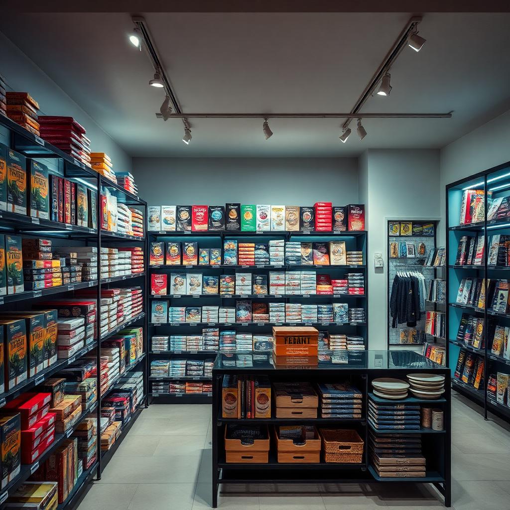 Retail store shelves stocked with consumer goods in a bustling Nigerian marketplace