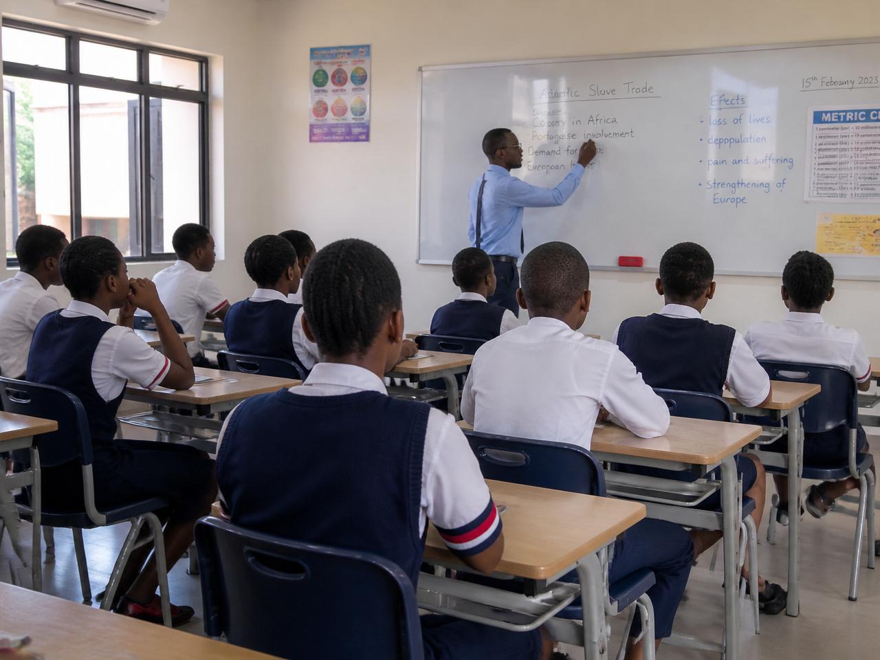 Nigerian secondary school students in navy and white uniforms attending class in a modern classroom