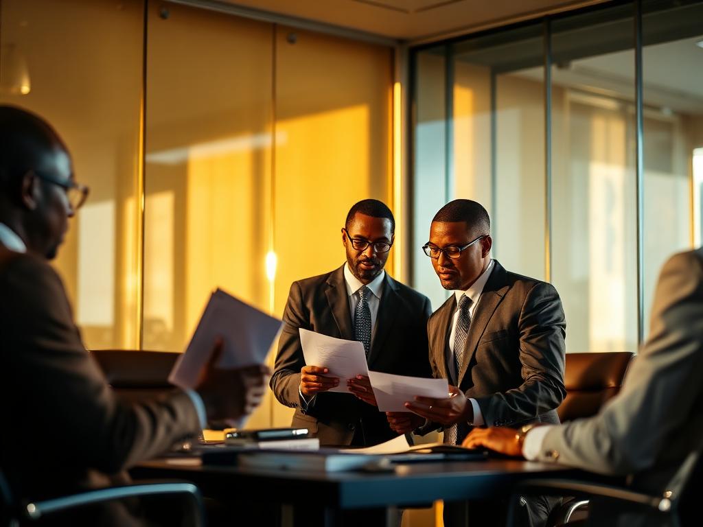 African business professionals reviewing investment documents in a modern boardroom