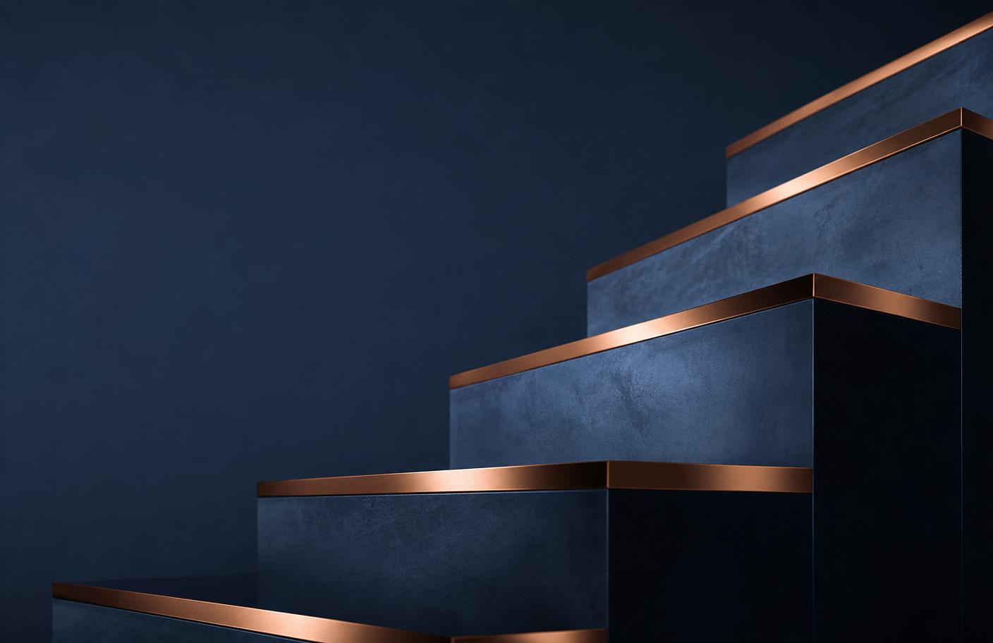 Ascending copper-edged navy steps representing staged value creation