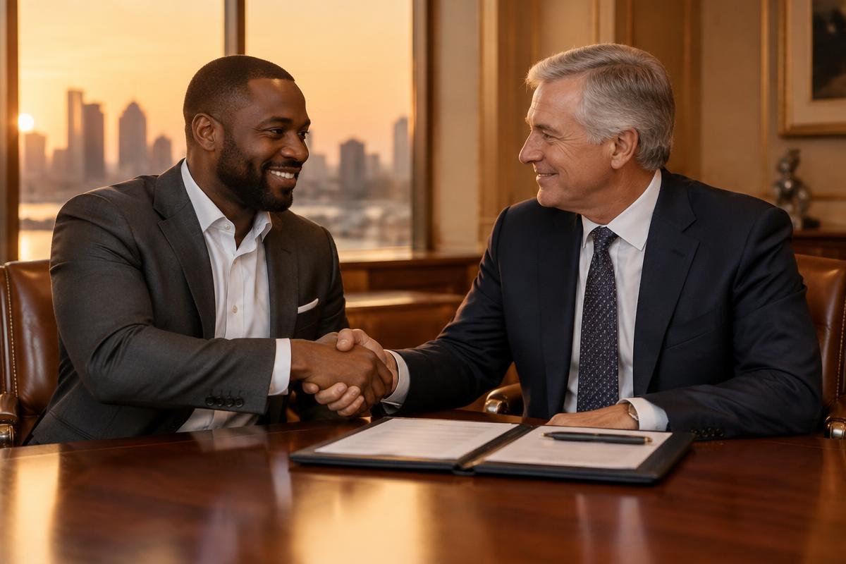 African businessman shaking hands with an American investor across a boardroom table